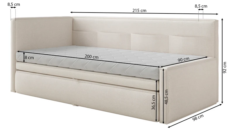 Jugendbett 90x200 cm Nesmi linksseitig mit Matratze und Stauraum hellgrauer, pflegeleichter Chenillestoff
