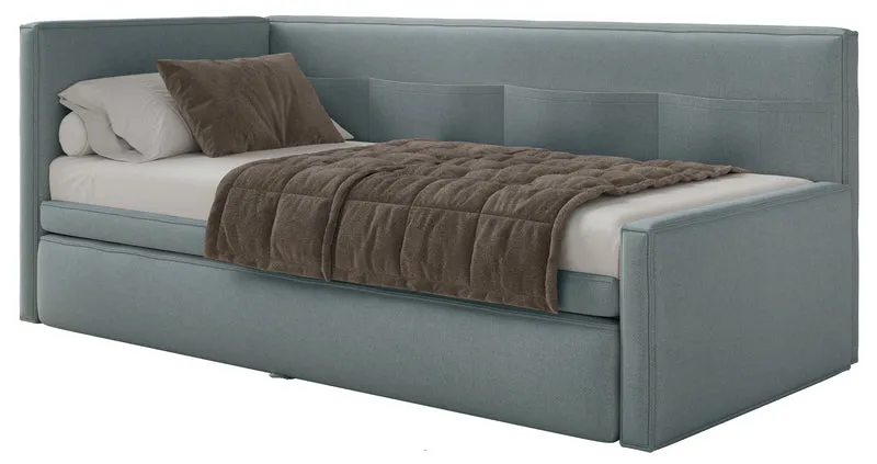 Jugendbett 90x200 cm Nesmi linksseitig mit Stauraum, blau, pflegeleichter Chenille