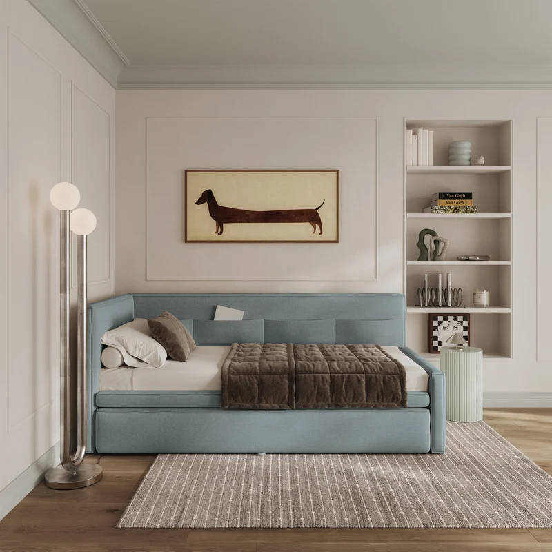 Jugendbett 90x200 cm Nesmi linksseitig mit Stauraum, blau, pflegeleichter Chenille