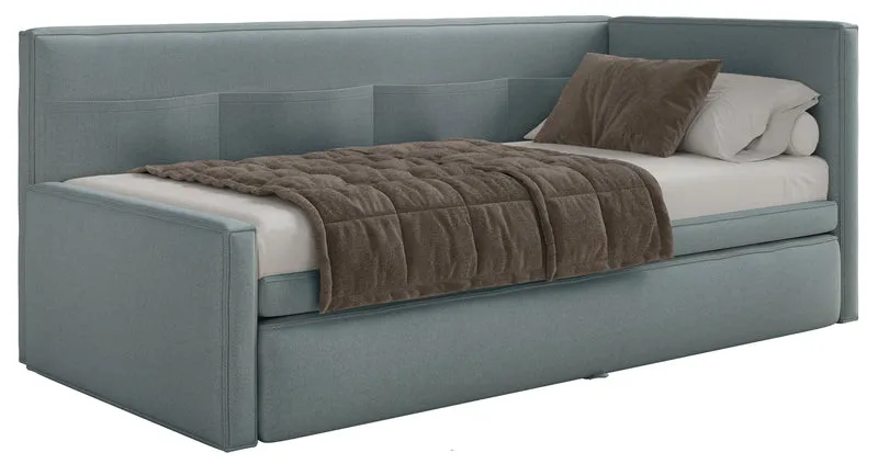 Jugendbett 90x200 cm Nesmi rechtsseitig mit Matratze und Stauraum, blaues Chenille, leicht zu reinigen