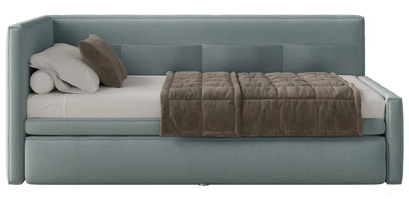 Jugendbett 90x200 cm Nesmi linksseitig mit Stauraum, blau, pflegeleichter Chenille