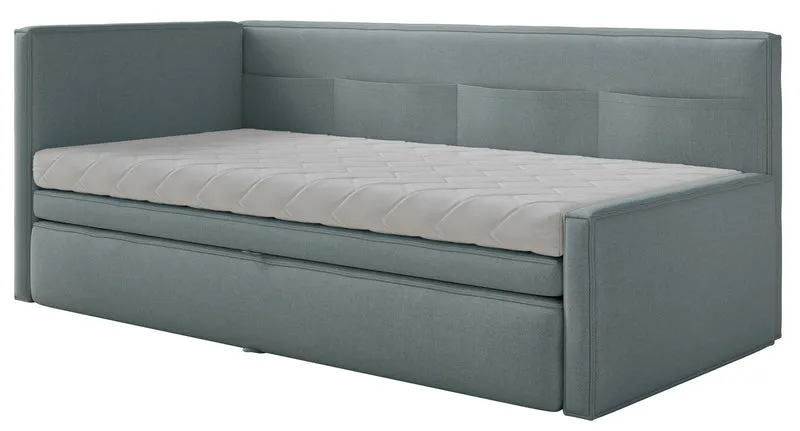Jugendbett 90x200 cm Nesmi linksseitig mit Stauraum, blau, pflegeleichter Chenille