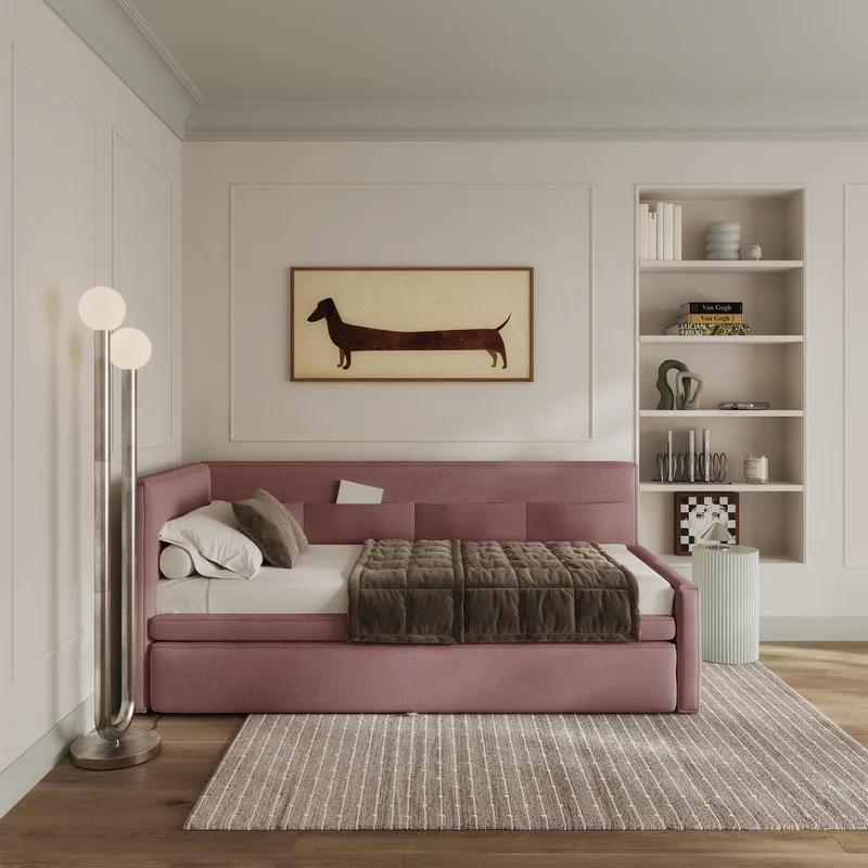 Jugendbett 90x200 cm Nesmi linksseitig mit Stauraum, dirty pink Chenille, pflegeleicht