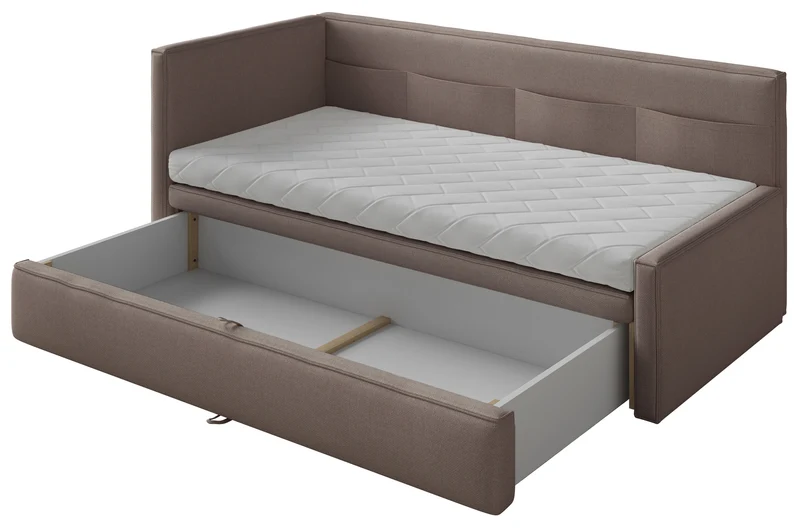 Jugendbett 90x200 cm Nesmi linksseitig mit Stauraum hellbrauner Chenille, pflegeleicht