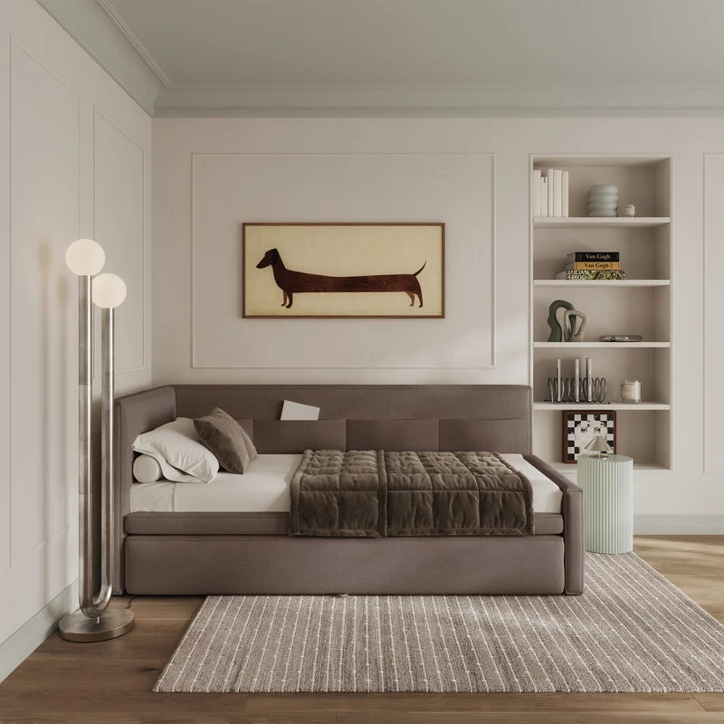 Jugendbett 90x200 cm Nesmi linksseitig mit Stauraum hellbrauner Chenille, pflegeleicht