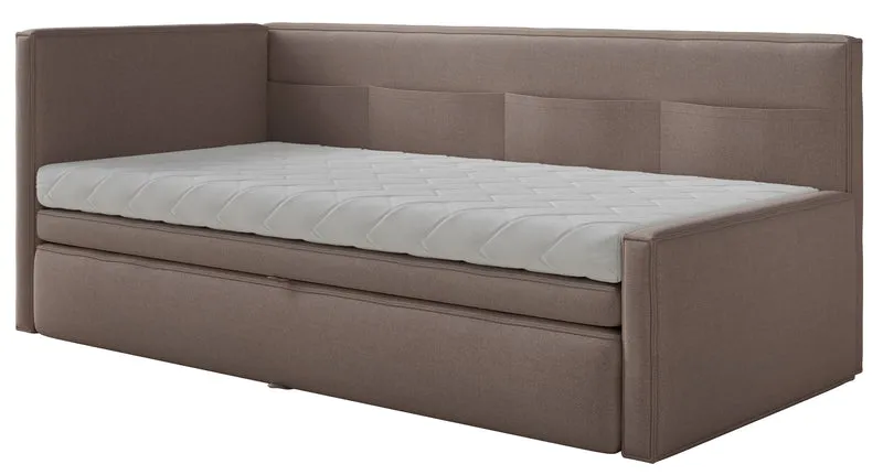 Jugendbett 90x200 cm Nesmi linksseitig mit Stauraum hellbrauner Chenille, pflegeleicht
