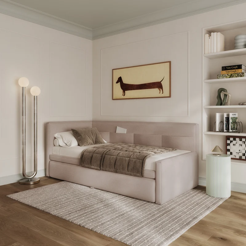 Jugendbett 90x200 cm Nesmi linksseitig mit Matratze und Stauraum, beige Chenille, pflegeleicht