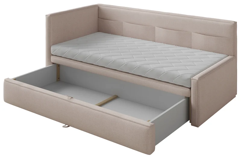 Jugendbett 90x200 cm Nesmi linksseitig mit Matratze und Stauraum, beige Chenille, pflegeleicht