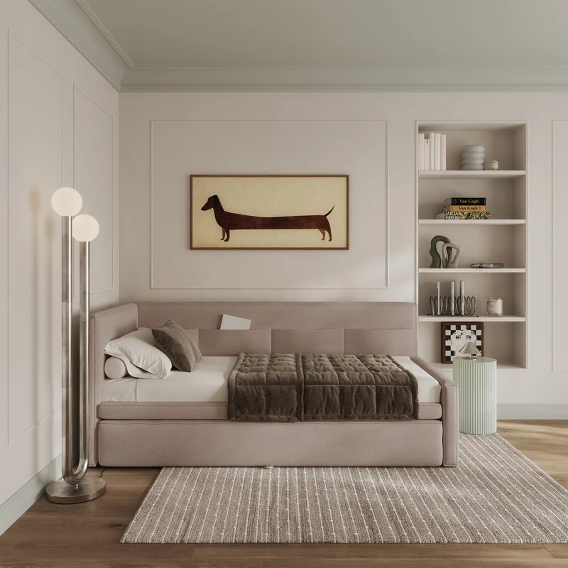 Jugendbett 90x200 cm Nesmi linksseitig mit Matratze und Stauraum, beige Chenille, pflegeleicht