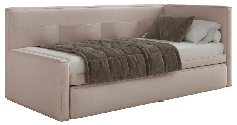 Jugendbett 90x200 cm Nesmi linksseitig mit Matratze und Stauraum, beige Chenille, pflegeleicht