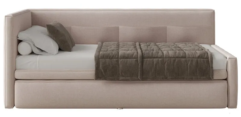 Jugendbett 90x200 cm Nesmi linksseitig mit Matratze und Stauraum, beige Chenille, pflegeleicht