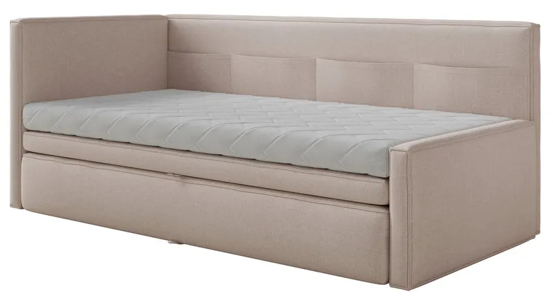 Jugendbett 90x200 cm Nesmi linksseitig mit Matratze und Stauraum, beige Chenille, pflegeleicht