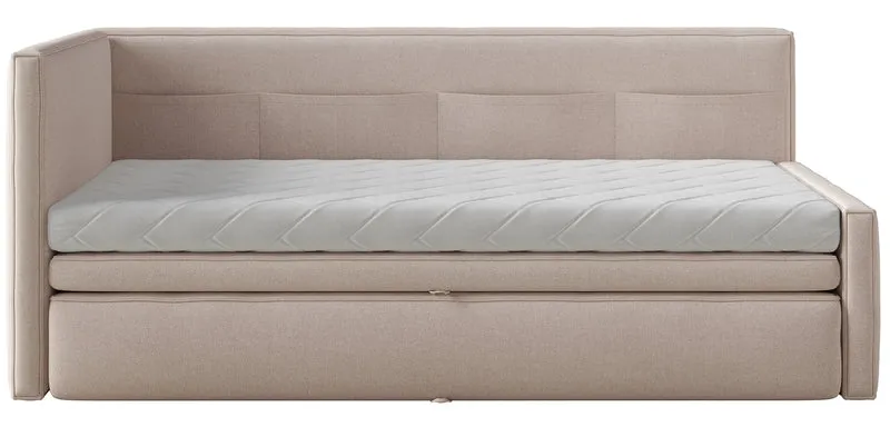 Jugendbett 90x200 cm Nesmi linksseitig mit Matratze und Stauraum, beige Chenille, pflegeleicht