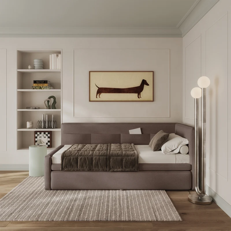 Jugendbett 90x200 cm Nesmi rechtsseitig mit Stauraum hellbrauner Chenille, pflegeleicht