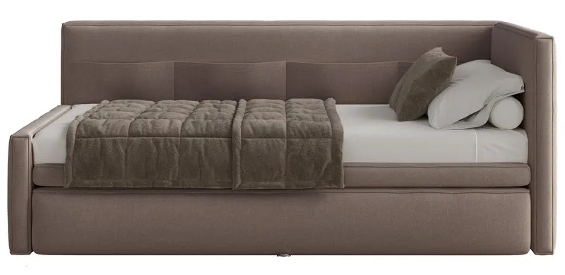 Jugendbett 90x200 cm Nesmi rechtsseitig mit Stauraum hellbrauner Chenille, pflegeleicht