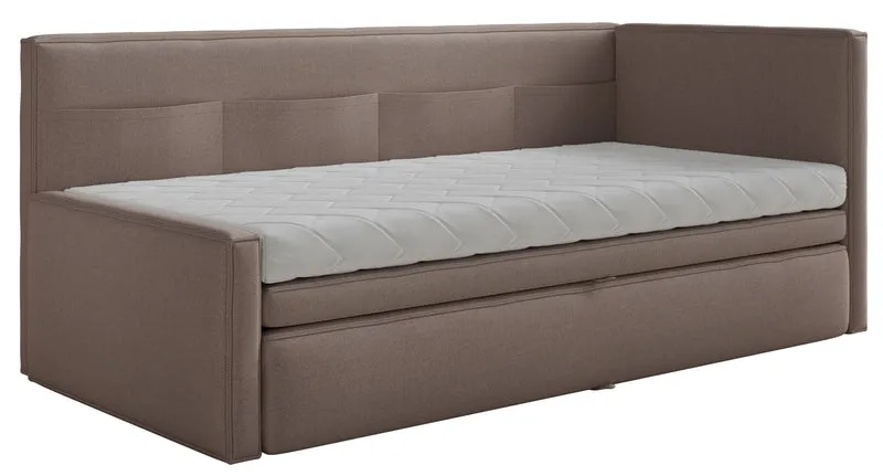 Jugendbett 90x200 cm Nesmi rechtsseitig mit Stauraum hellbrauner Chenille, pflegeleicht