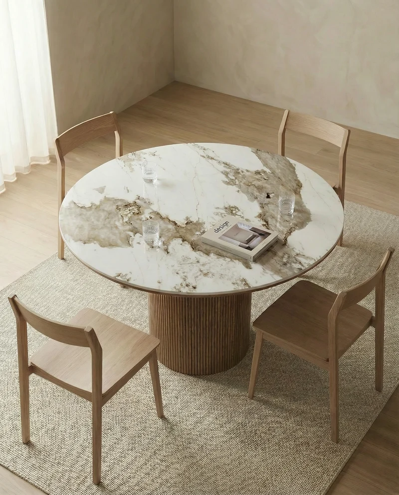 Japandi Eettafel Luma Keramisch Tafelblad Wit/Walnootbruin – Ø120x76 cm