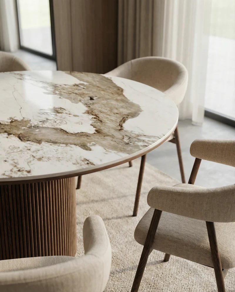 Japandi Eettafel Luma Keramisch Tafelblad Wit/Walnootbruin – Ø120x76 cm