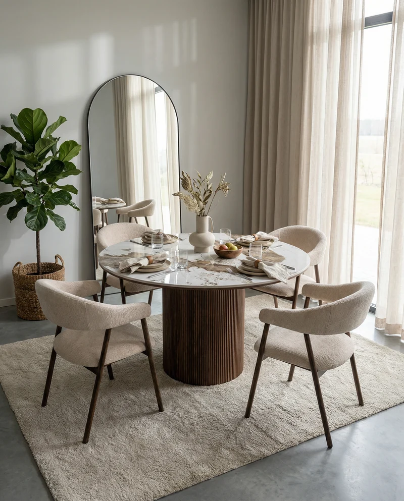 Japandi Eettafel Luma Keramisch Tafelblad Wit/Walnootbruin – Ø120x76 cm