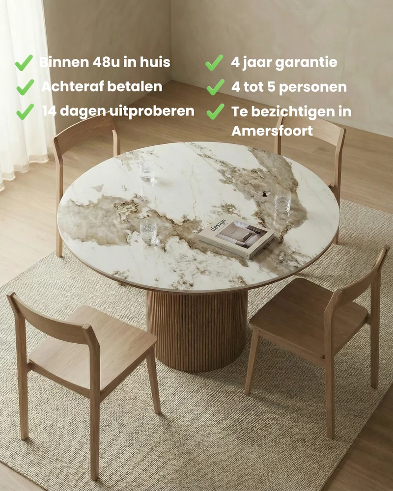 Japandi Eettafel Luma Keramisch Tafelblad Wit/Walnootbruin – Ø120x76 cm