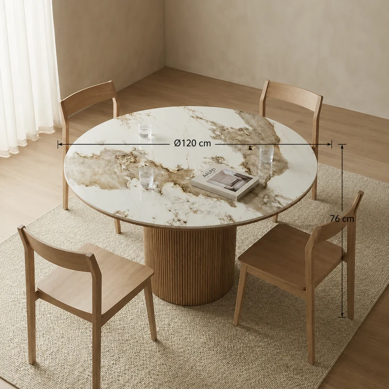 Japandi Eettafel Luma Keramisch Tafelblad Wit/Walnootbruin – Ø120x76 cm