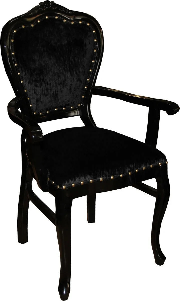 Casa Padrino Barock Luxus Stuhl mit Armlehnen Schwarz / Schwarz