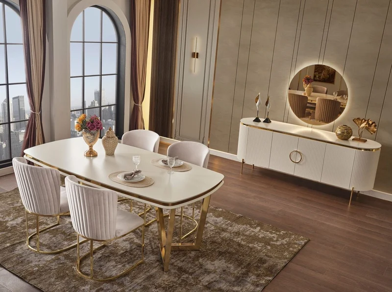 Casa Padrino Luxus Esszimmer Set Weiß / Grau / Gold - 1 Esstisch & 4 Esszimmerstühle - Moderne Esszimmer Möbel