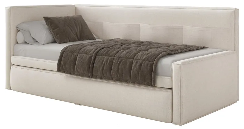 Jugendbett 90x200 cm Nesmi links mit Matratze und Stauraum, cremefarbener, pflegeleichter Chenille