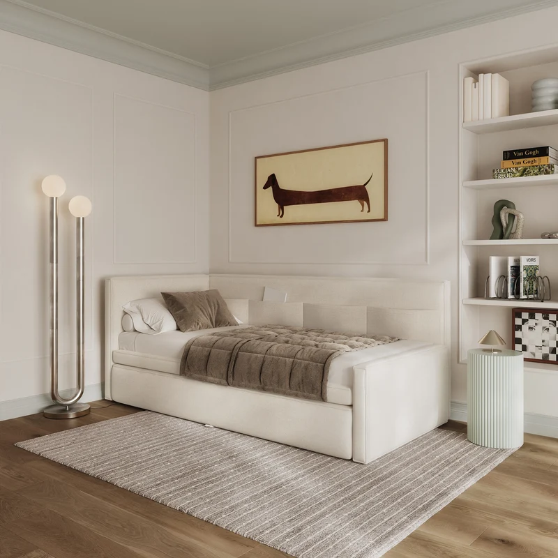 Jugendbett 90x200 cm Nesmi links mit Matratze und Stauraum, cremefarbener, pflegeleichter Chenille