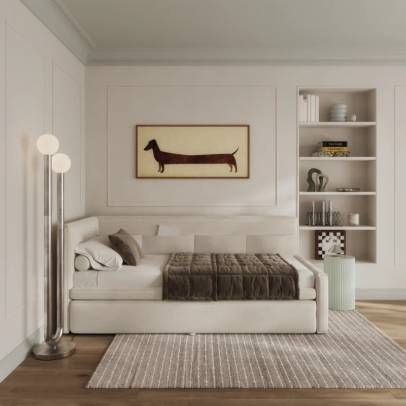 Jugendbett 90x200 cm Nesmi links mit Matratze und Stauraum, cremefarbener, pflegeleichter Chenille