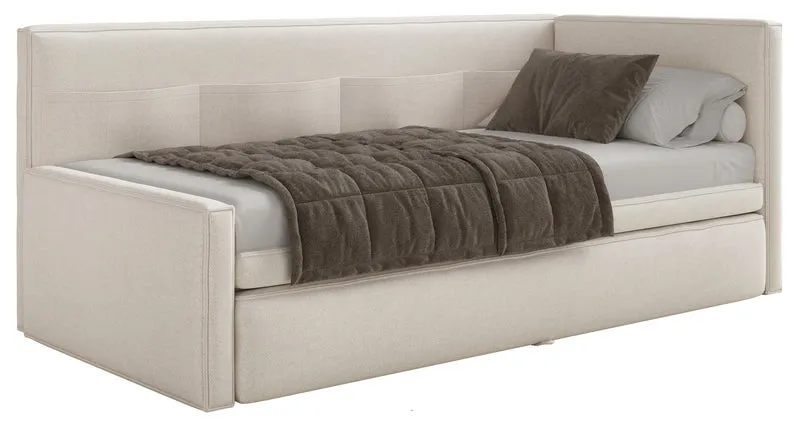 Jugendbett 90x200 cm Nesmi links mit Matratze und Stauraum, cremefarbener, pflegeleichter Chenille