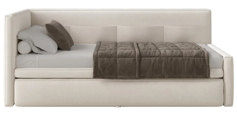 Jugendbett 90x200 cm Nesmi links mit Matratze und Stauraum, cremefarbener, pflegeleichter Chenille