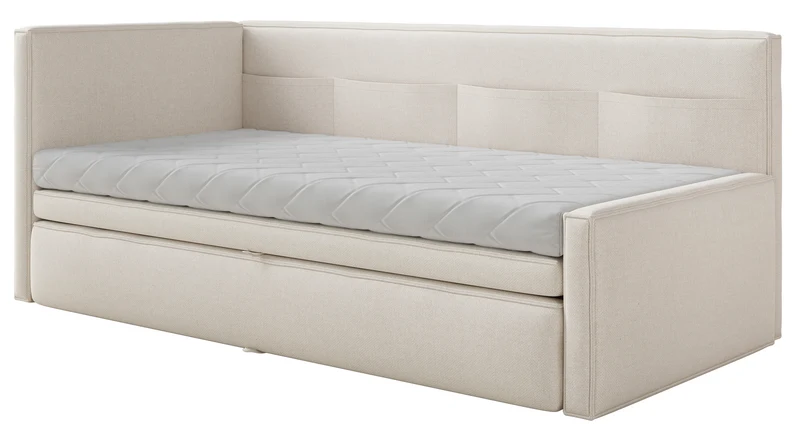 Jugendbett 90x200 cm Nesmi links mit Matratze und Stauraum, cremefarbener, pflegeleichter Chenille