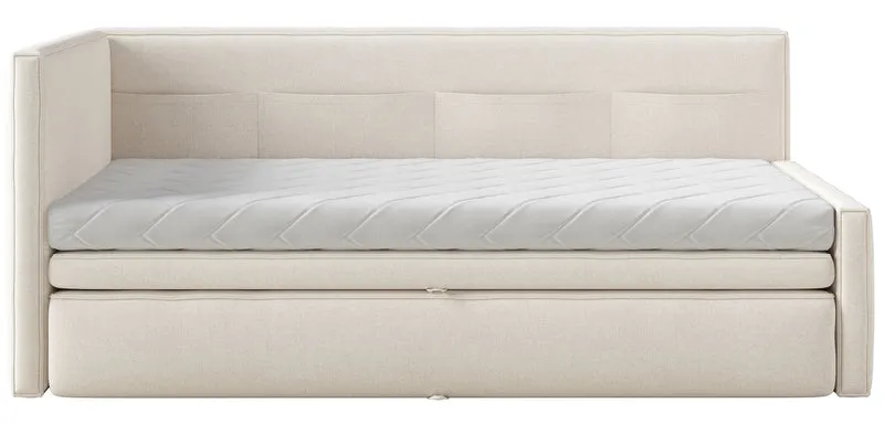 Jugendbett 90x200 cm Nesmi links mit Matratze und Stauraum, cremefarbener, pflegeleichter Chenille