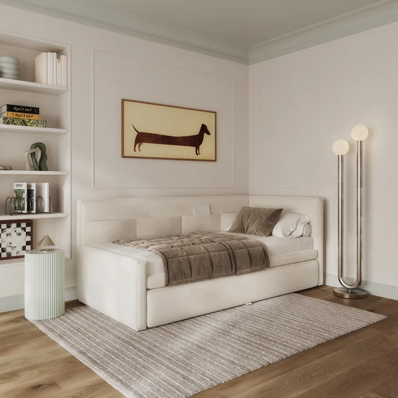 Jugendbett 90x200 cm Nesmi, ausziehbar, rechtsseitig, mit Matratzen, cremefarbener Chenille, pflegeleicht