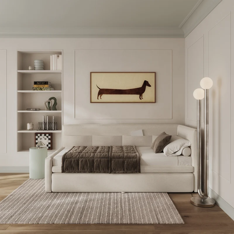 Jugendbett 90x200 cm Nesmi, ausziehbar, rechtsseitig, mit Matratzen, cremefarbener Chenille, pflegeleicht