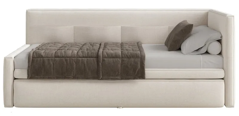 Jugendbett 90x200 cm Nesmi, ausziehbar, rechtsseitig, mit Matratzen, cremefarbener Chenille, pflegeleicht