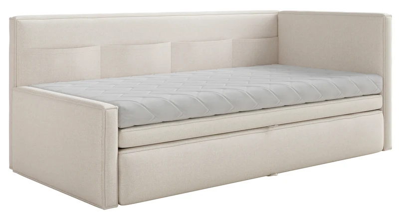 Jugendbett 90x200 cm Nesmi, ausziehbar, rechtsseitig, mit Matratzen, cremefarbener Chenille, pflegeleicht
