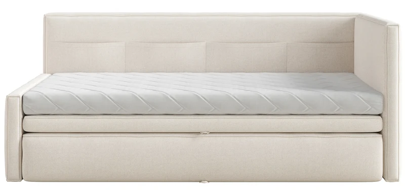 Jugendbett 90x200 cm Nesmi, ausziehbar, rechtsseitig, mit Matratzen, cremefarbener Chenille, pflegeleicht