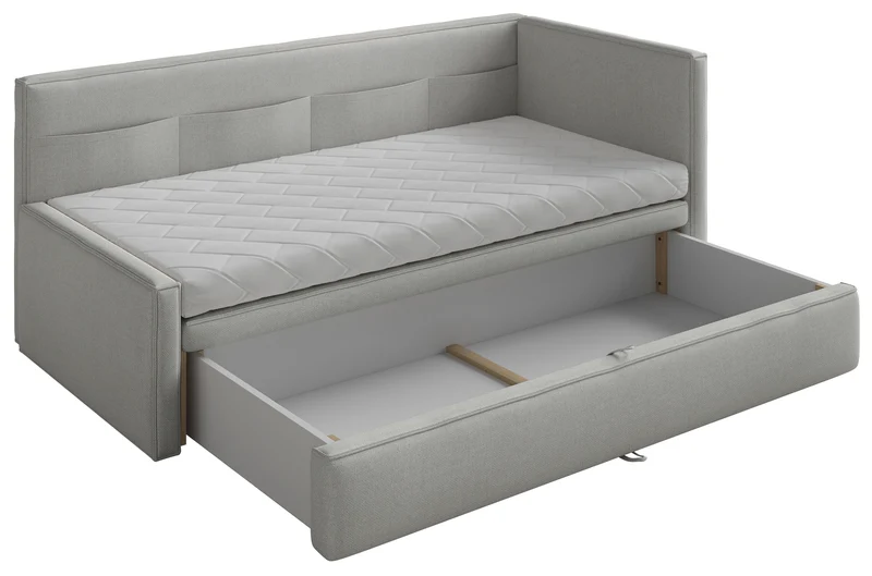 Jugendbett 90x200 cm Nesmi rechtsseitig mit Stauraum, hellgrauer Chenille, pflegeleicht