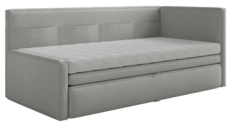 Jugendbett 90x200 cm Nesmi rechtsseitig mit Stauraum, hellgrauer Chenille, pflegeleicht