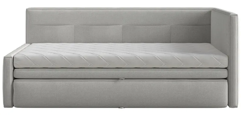 Jugendbett 90x200 cm Nesmi rechtsseitig mit Stauraum, hellgrauer Chenille, pflegeleicht