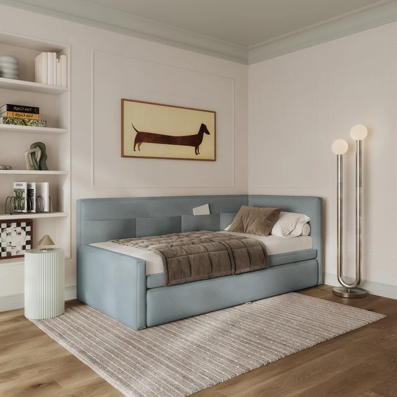 Jugendbett 90x200 cm Nesmi rechtsseitig mit Matratze und Stauraum, blaues Chenille, leicht zu reinigen