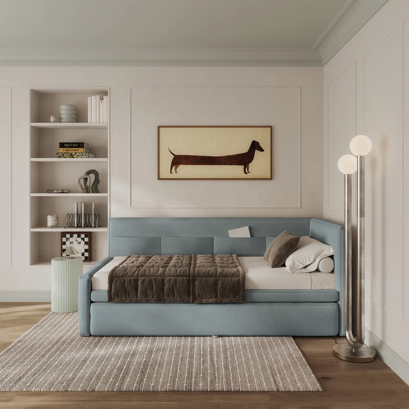 Jugendbett 90x200 cm Nesmi rechtsseitig mit Matratze und Stauraum, blaues Chenille, leicht zu reinigen