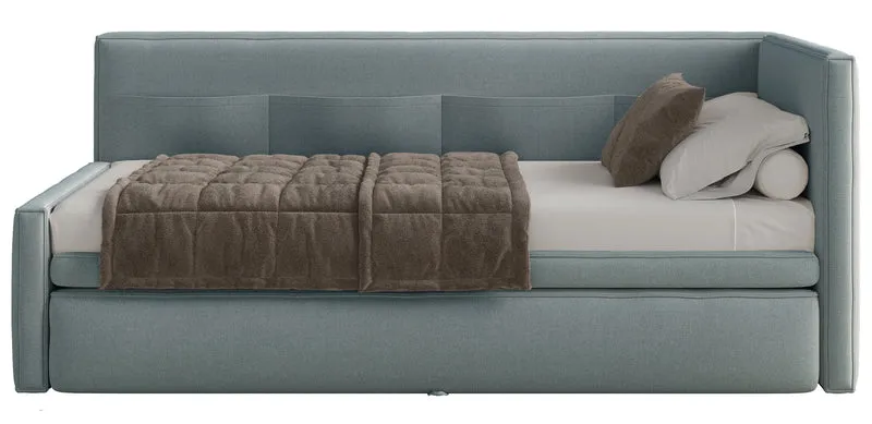 Jugendbett 90x200 cm Nesmi rechtsseitig mit Matratze und Stauraum, blaues Chenille, leicht zu reinigen