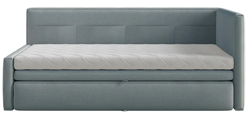 Jugendbett 90x200 cm Nesmi rechtsseitig mit Matratze und Stauraum, blaues Chenille, leicht zu reinigen