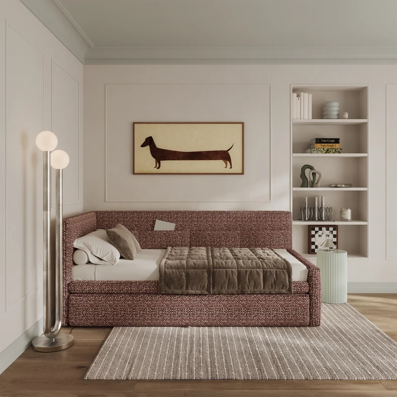 Jugendbett 90x200 cm Nesmi linksseitig mit Stauraum braunes Geflecht