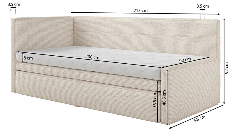 Jugendbett 90x200 cm Nesmi links mit Matratze und Stauraum hellbeige Flechtoptik