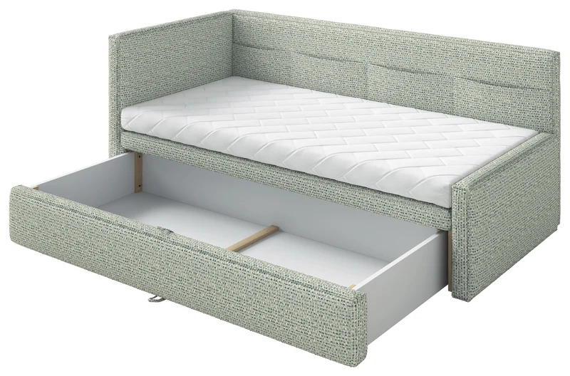 Jugendbett 90x200 cm Nesmi links mit Stauraum Salbeigrün Geflecht