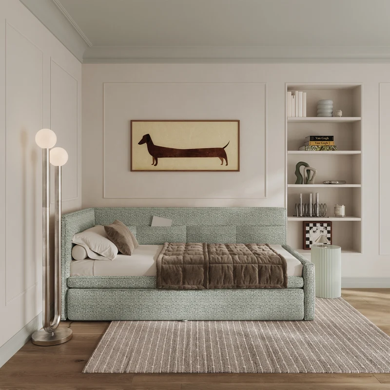 Jugendbett 90x200 cm Nesmi links mit Stauraum Salbeigrün Geflecht